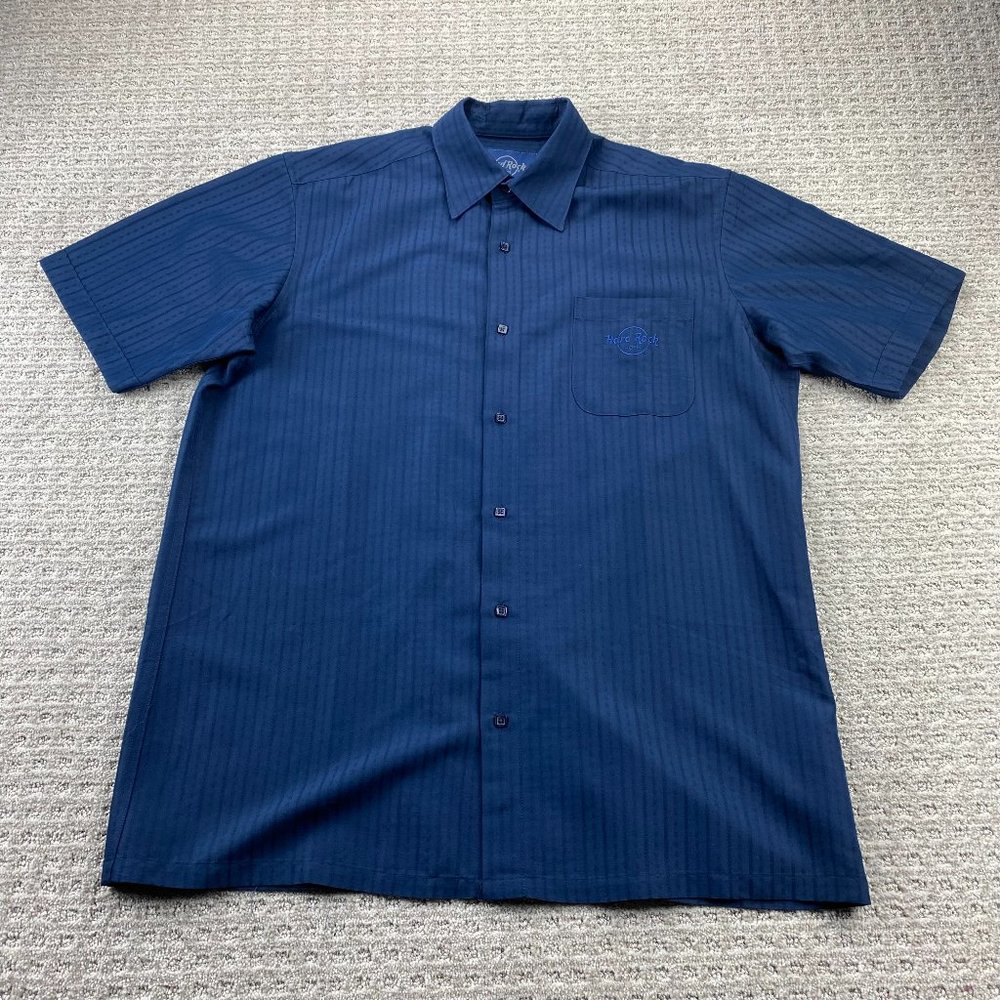 Hard Rock Hotel Shirt Men Large L Navy Blue Striped Button Up Rayon Polyester